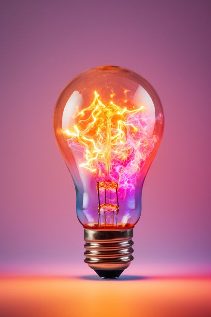 Close-up of a light bulb with a glowing, colorful filament against an abstract background. Perfect for illustrating concepts like innovation, creativity, and bright ideas. Suitable for use in technology, energy, or creative industry themes.