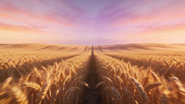 Golden wheat field at sunrise with leading lines and narrow track across rolling farmland