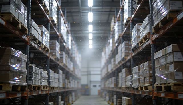 Warehouse aisle showing stacked pallets, shelving and wrapped boxes leading to loading door