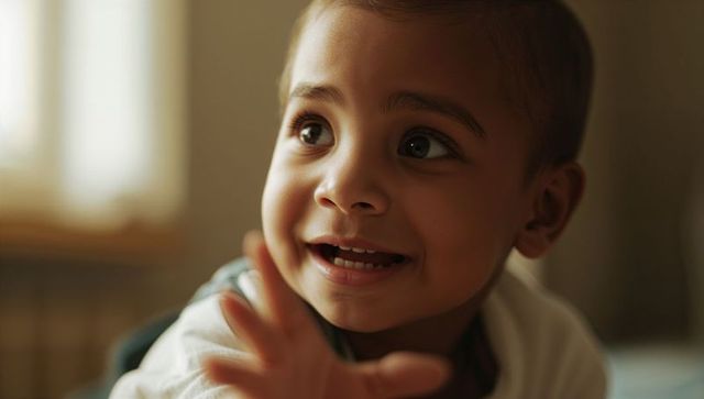 Smiling toddler reaching forward in warm natural light closeup portrait family lifestyle