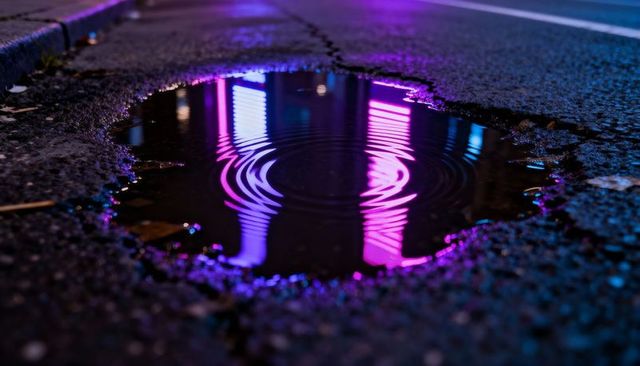 Neon Columns Reflecting in Rain Puddle, Rippling Water on Wet Asphalt at Night