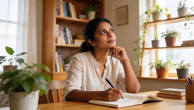 Indian woman journaling in sunlit home study with plants and books, cozy creative workspace