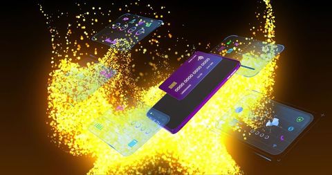 Floating smartphone showing virtual credit card and holographic fintech UI with gold sparks