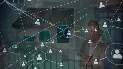 Businesswoman Analyzing Network Connections in Modern Office Environment