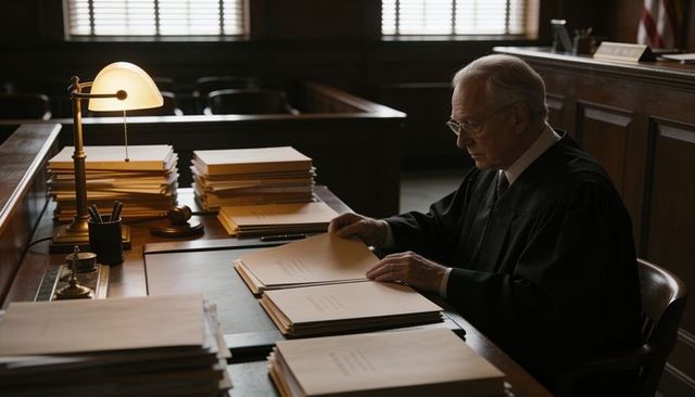 Senior judge reviewing legal files at courtroom desk under lamp glow, judicial authority