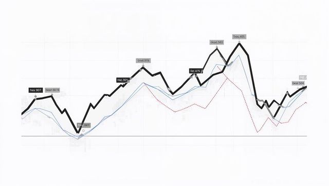 Minimal financial chart showing bold black line with blue and red series and annotated peaks