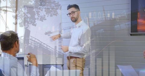 Professional Explaining Data with Mixed Charts and Graphs During Team Meeting