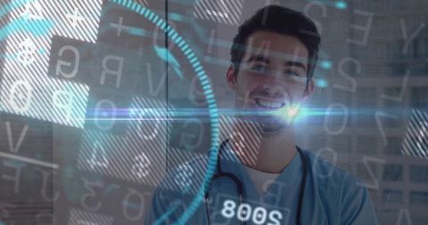 Doctor in Blue Scrubs Analyzing Data on Futuristic Glass Display