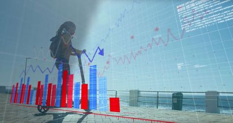 Woman Riding Scooter with Overlay of Business Analytics by Seaside