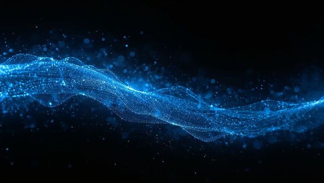 Luminous blue particle stream flowing across dark virtual space with neon mesh and sparkle