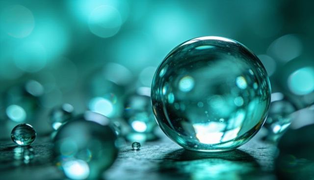 Teal glass orb macro with bokeh and reflective marbles for abstract background and design