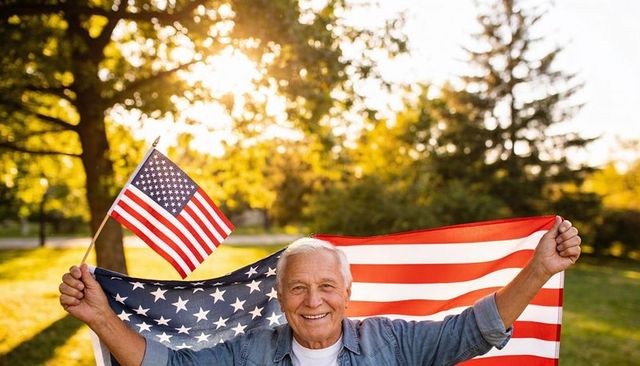 Senior man celebrating with american flags, smiling in sunlit park during golden hour