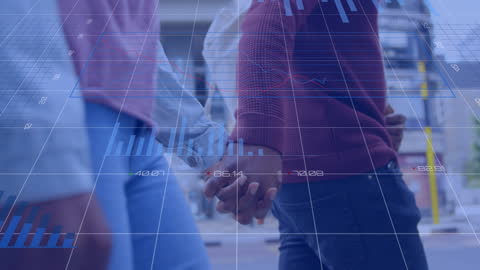 Diverse Couple with Financial Data Overlays in Urban Background