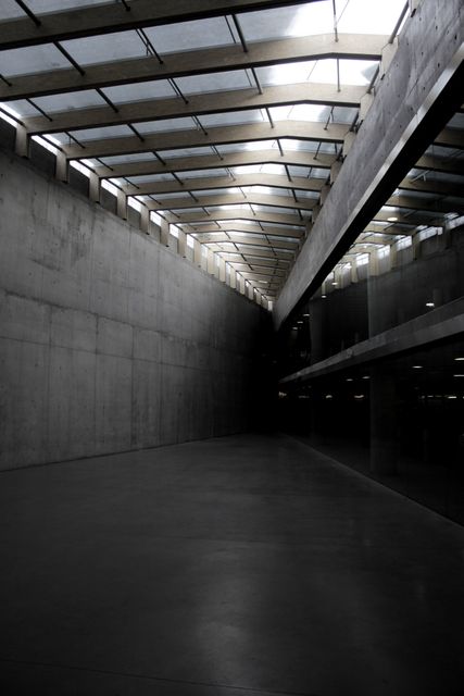 This image shows a modern industrial hallway with concrete walls and a ceiling featuring skylights. The hallway extends into the distance, creating a sense of depth and spaciousness. Suitable for projects related to urban architecture, industrial design, or modern interiors. Ideal for use in presentations, advertisements, and articles about contemporary architectural styles, industrial settings, or creative workspace designs.