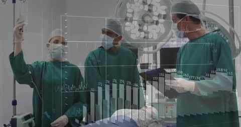 Medical Team Collaborating During Surgery with Digital Data Overlays