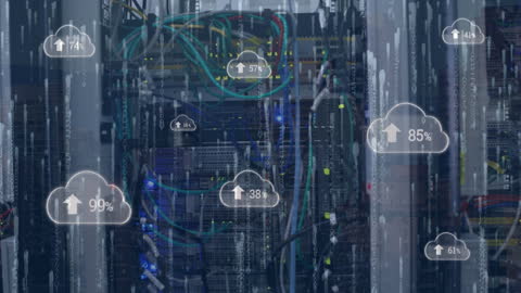 Data Processing Icons in Modern Server Room Animation