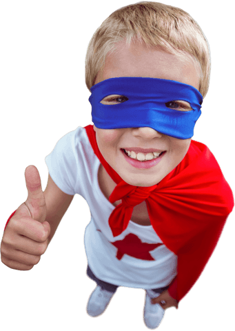 Confident Boy in Superhero Costume Giving Thumb Up Transparent