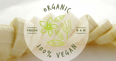 Sliced banana promoting vegan diet with organic text