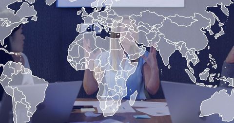 Business team collaborating in conference room with global overlay