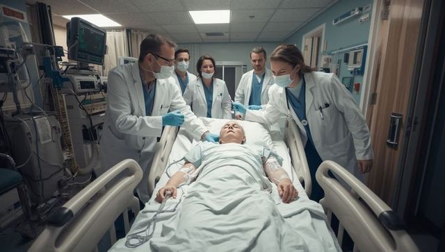 Medical team examining patient in hospital corridor setting