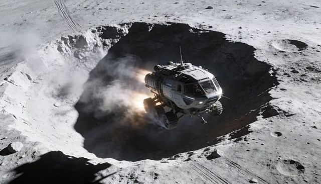Lunar rover hovering above crater with thruster plumes, tread marks, antenna