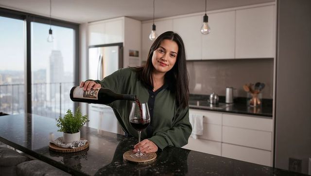 Woman pouring red wine on granite island in modern urban kitchen with city view