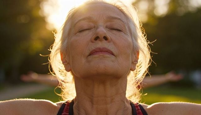 Senior woman practicing deep breathing at sunset promoting mindfulness and inner calm