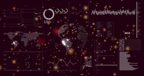 Displaying maroon futuristic data dashboard with 3d globe, dynamic analytics and glow