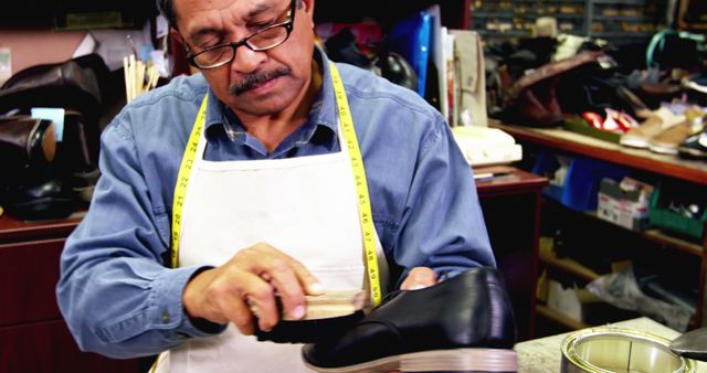 Cobbler polishing a shoe in workshop 4k