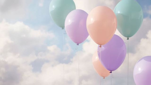 Floating pastel balloons drifting through soft clouds glossy mint lavender peach celebration