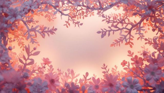 Romantic pastel floral frame with glowing oval center and daisy wreath, soft garden