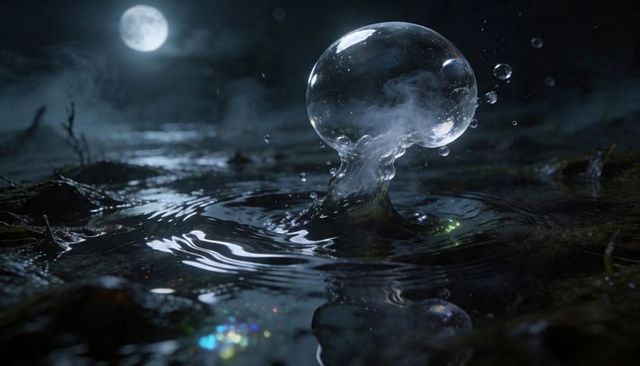 Moonlit glowing water orb rising from marsh puddle with ripples, mist and droplets