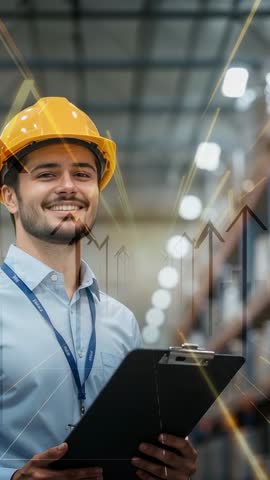 Warehouse Worker Scanning Top Shelves Jotting on Clipboard with Upward Data Arrows Video
