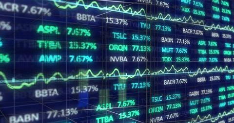 Displaying multi-panel financial dashboard with neon tickers and percentage graphs, glass