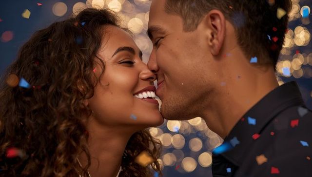 Couple kissing amid confetti and warm bokeh lights at romantic evening celebration