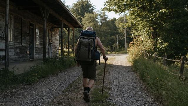 Solo Backpacker Walking Gravel Road Carrying Large Pack and Wooden Staff Near Weathered Porch
