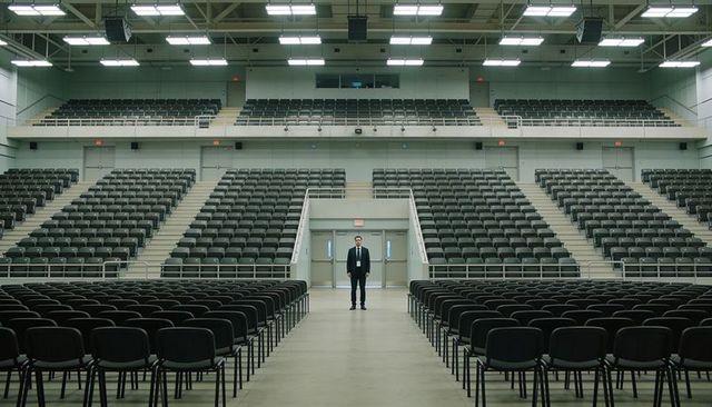 Venue staff standing in center aisle of empty arena monitoring seating and exits