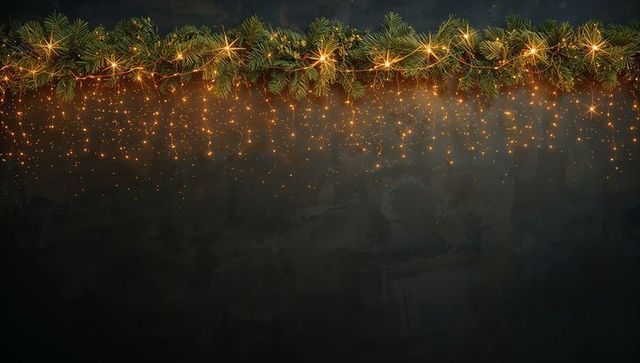 Hanging evergreen garland glowing with warm string lights and dripping icicle sparkle on dark backdr