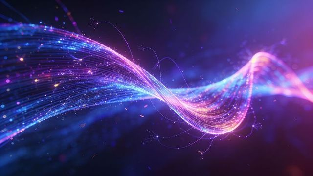 Glowing neon ribbon twisting across cosmic void with sparkling particle trails and gradient light