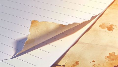 Torn Lined Notebook Page Folding Back Revealing Stained Parchment Paper Texture