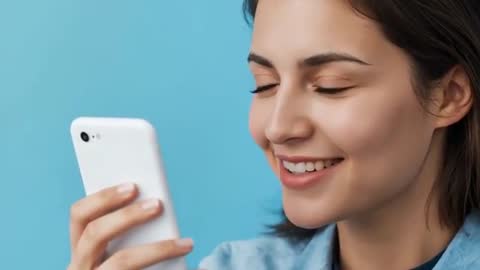 Young Woman Smiling While Texting on Smartphone Against Blue Background
