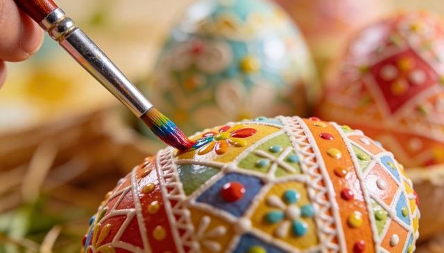Hand painting intricate easter egg with floral geometric patterns and embossed detail