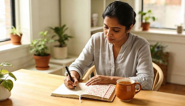 Indian woman writing in floral journal at cozy wooden table with tea and houseplants