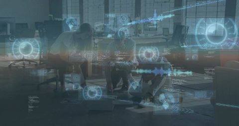 Tech Team Collaborating Around Laptop with Futuristic Holographic Data Overlays