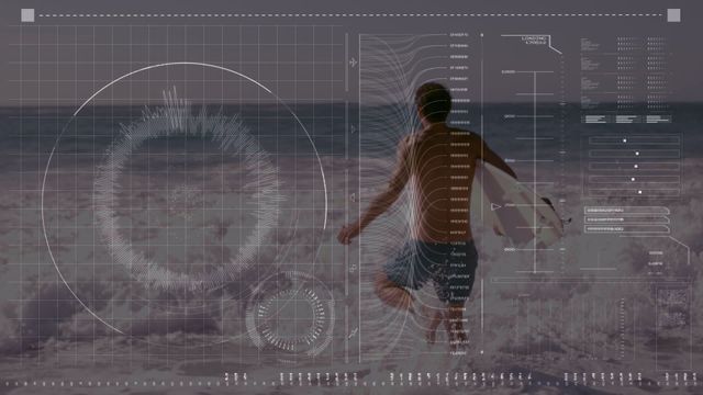 Depiction of a man walking towards the ocean with a surfboard. Overlaid with digital data and analytics graphics. Ideal for illustrating themes of technology integration with sports, health and fitness tracking, future innovations in recreational activities, and data-driven lifestyle applications. Suitable for promotional content, lifestyle blogs, technology articles, and fitness motivation.