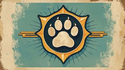 Vintage paw print badge with star emblem and radial lines