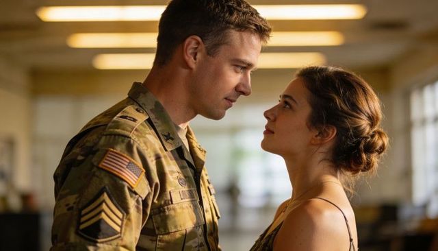 Army sergeant and partner sharing intimate gaze in sunlit military hallway