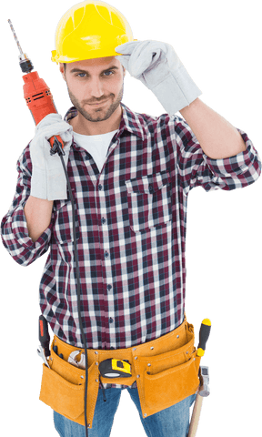 transparent confident handyman holding drill and wearing tool belt - Download Free Stock Videos Pikwizard.com