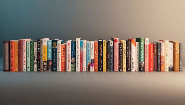 Row of Colorful Book Spines Lining Tabletop with Minimalist Gradient Background and Shadows