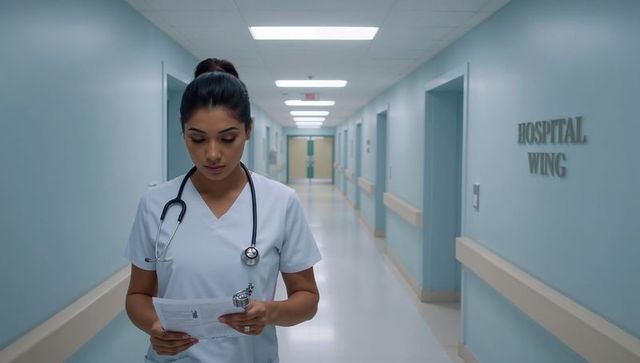 Female nurse reading patient chart in quiet hospital corridor with stethoscope